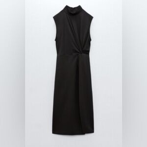 Zara Black Midi Faux Wrap Dress with Side Slit
